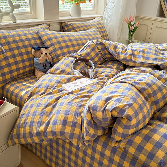 91家纺网 家纺一手货源 找家纺 鑫田家纺 2026新款全棉水洗棉四件套纯棉格子学生宿舍床单三件套床笠套件 紫黄格
