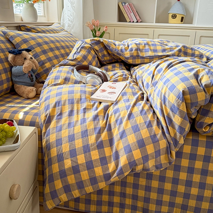 91家纺网 家纺一手货源 找家纺 鑫田家纺 2026新款全棉水洗棉四件套纯棉格子学生宿舍床单三件套床笠套件 紫黄格