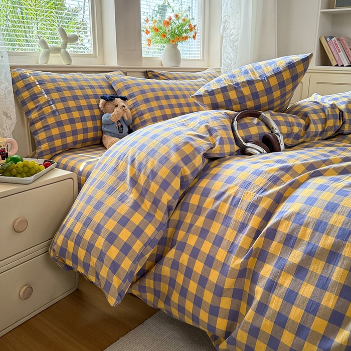 91家纺网 家纺一手货源 找家纺 鑫田家纺 2026新款全棉水洗棉四件套纯棉格子学生宿舍床单三件套床笠套件 紫黄格