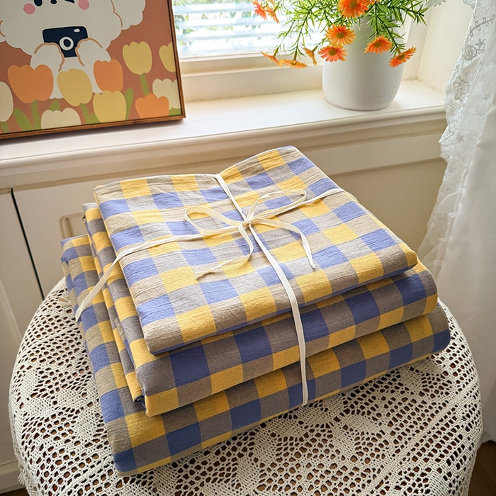 91家纺网 家纺一手货源 找家纺 鑫田家纺 2026新款全棉水洗棉四件套纯棉格子学生宿舍床单三件套床笠套件 紫黄格