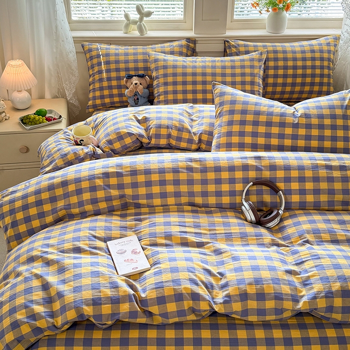 91家纺网 家纺一手货源 找家纺 鑫田家纺 2026新款全棉水洗棉四件套纯棉格子学生宿舍床单三件套床笠套件 紫黄格