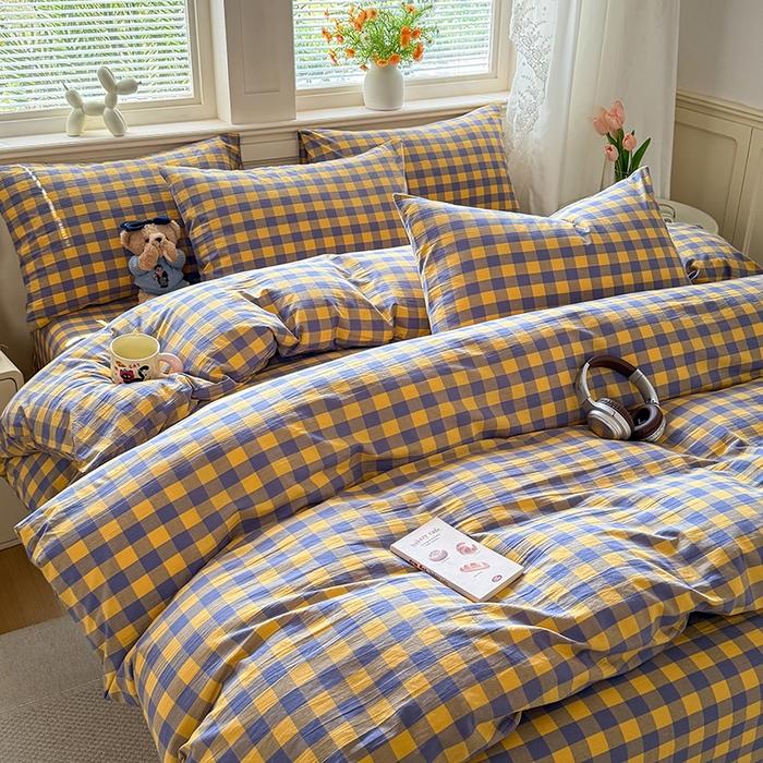 91家纺网 家纺一手货源 找家纺 鑫田家纺 2026新款全棉水洗棉四件套纯棉格子学生宿舍床单三件套床笠套件 紫黄格