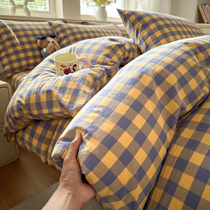 91家纺网 家纺一手货源 找家纺 鑫田家纺 2026新款全棉水洗棉四件套纯棉格子学生宿舍床单三件套床笠套件 紫黄格