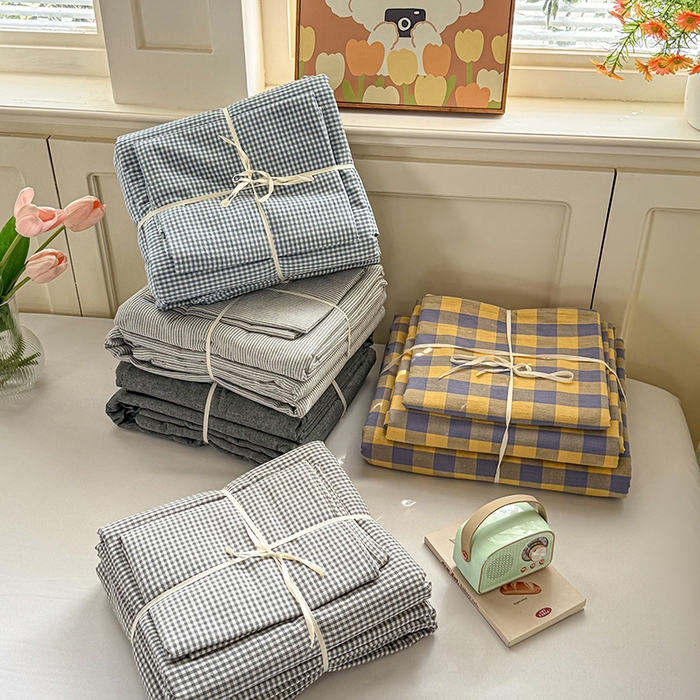 91家纺网 家纺一手货源 找家纺 鑫田家纺 2026新款全棉水洗棉四件套纯棉格子学生宿舍床单三件套床笠套件 组合图