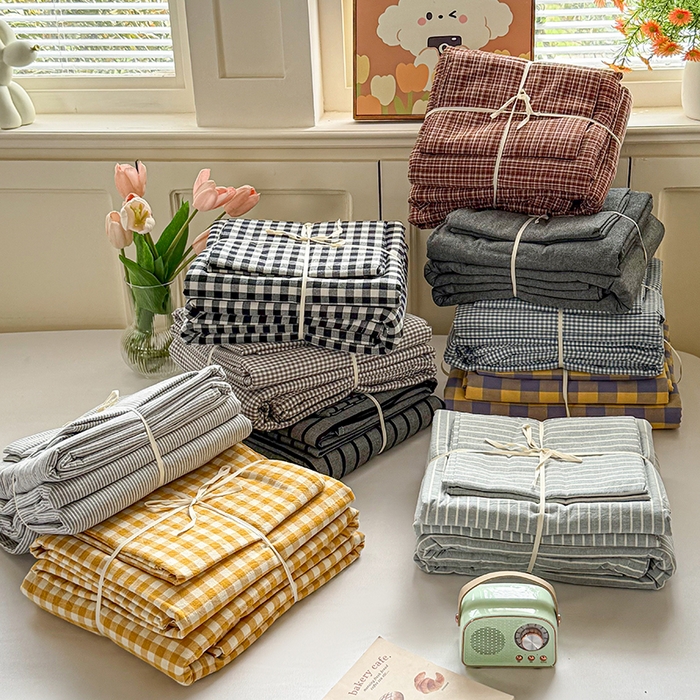 91家纺网 家纺一手货源 找家纺 鑫田家纺 2026新款全棉水洗棉四件套纯棉格子学生宿舍床单三件套床笠套件 组合图