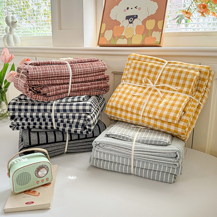 鑫田家纺 2026新款全棉水洗棉四件套纯棉格子学生宿舍床单三件套床笠套件 组合图