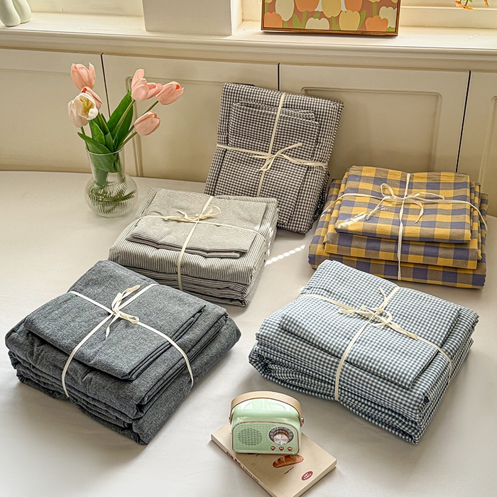 91家纺网 家纺一手货源 找家纺 鑫田家纺 2026新款全棉水洗棉四件套纯棉格子学生宿舍床单三件套床笠套件 组合图