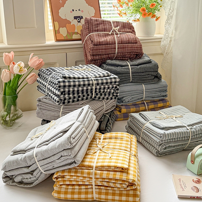 91家纺网 家纺一手货源 找家纺 鑫田家纺 2026新款全棉水洗棉四件套纯棉格子学生宿舍床单三件套床笠套件 组合图