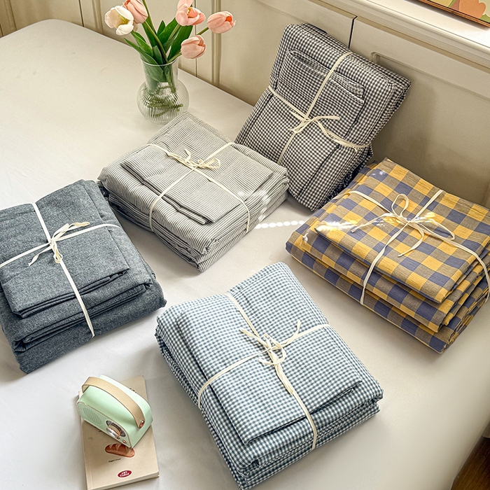 91家纺网 家纺一手货源 找家纺 鑫田家纺 2026新款全棉水洗棉四件套纯棉格子学生宿舍床单三件套床笠套件 组合图