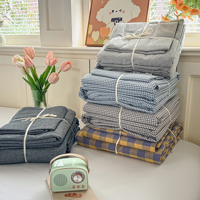 91家纺网 家纺一手货源 找家纺 鑫田家纺 2026新款全棉水洗棉四件套纯棉格子学生宿舍床单三件套床笠套件 组合图