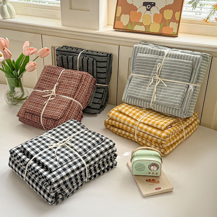 91家纺网 家纺一手货源 找家纺 鑫田家纺 2026新款全棉水洗棉四件套纯棉格子学生宿舍床单三件套床笠套件 组合图