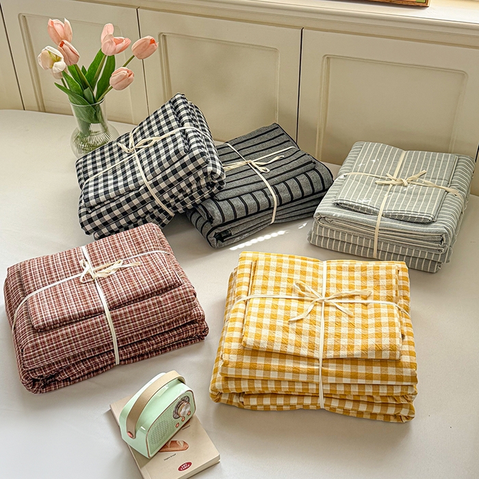 91家纺网 家纺一手货源 找家纺 鑫田家纺 2026新款全棉水洗棉四件套纯棉格子学生宿舍床单三件套床笠套件 组合图