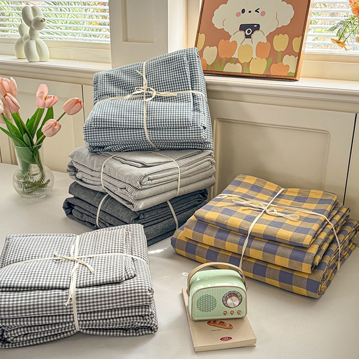 91家纺网 家纺一手货源 找家纺 鑫田家纺 2026新款全棉水洗棉四件套纯棉格子学生宿舍床单三件套床笠套件 组合图
