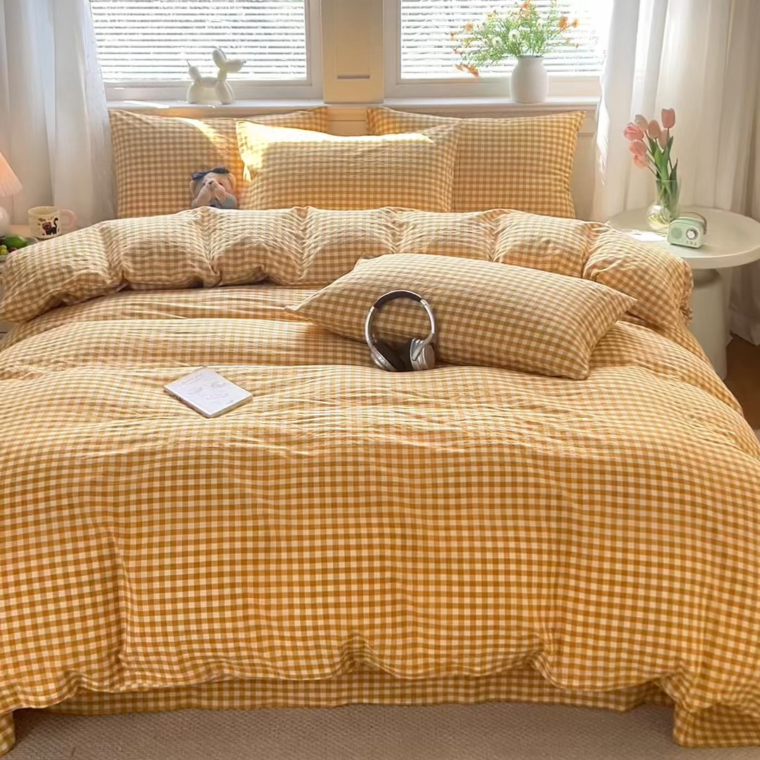 91家纺网 家纺一手货源 找家纺 鑫田家纺 2026新款全棉水洗棉四件套纯棉格子学生宿舍床单三件套床笠套件 黄小格