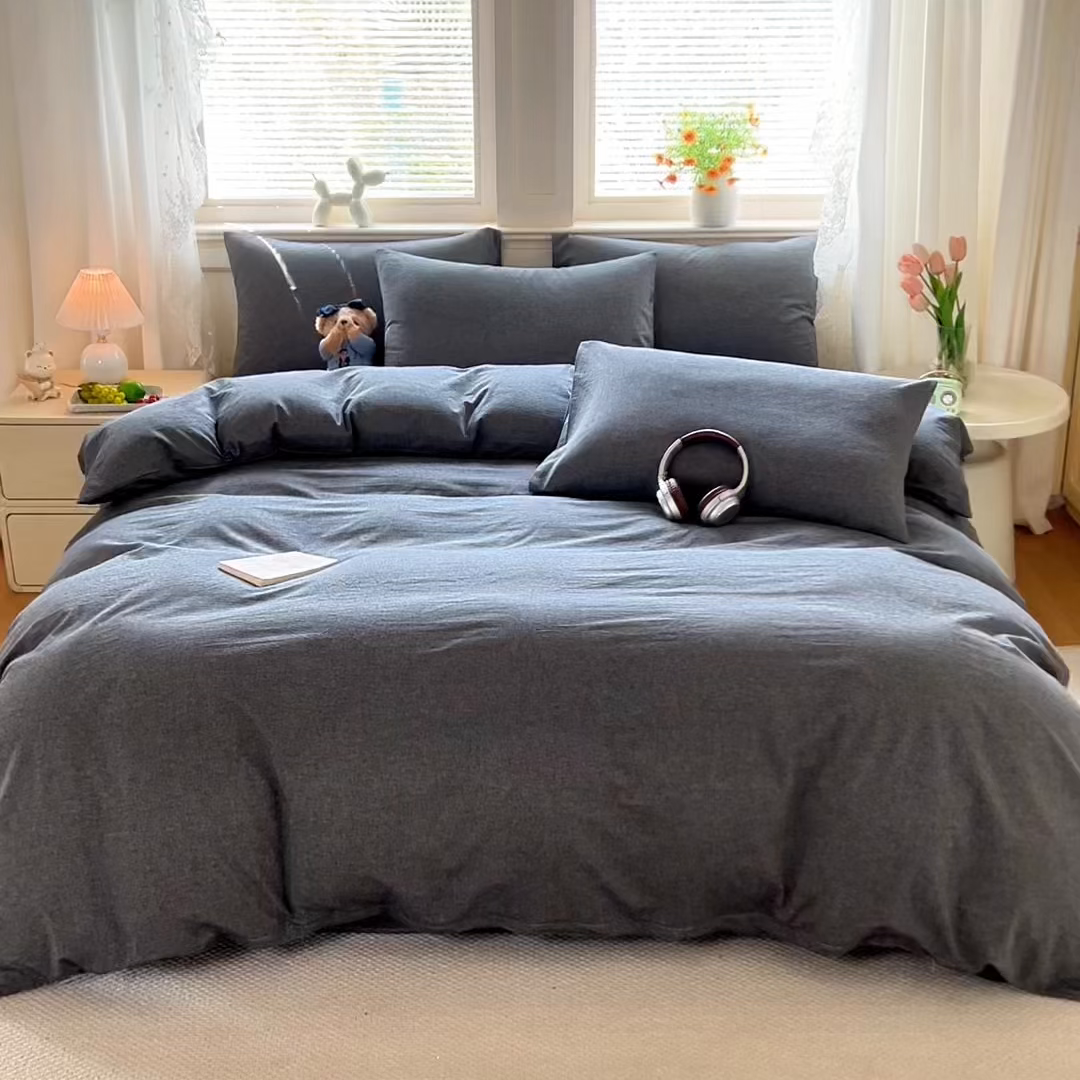 91家纺网 家纺一手货源 找家纺 鑫田家纺 2026新款全棉水洗棉四件套纯棉格子学生宿舍床单三件套床笠套件 雾灰