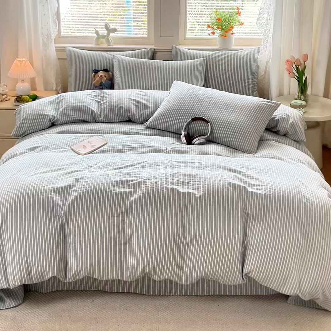 91家纺网 家纺一手货源 找家纺 鑫田家纺 2026新款全棉水洗棉四件套纯棉格子学生宿舍床单三件套床笠套件 英伦派兰