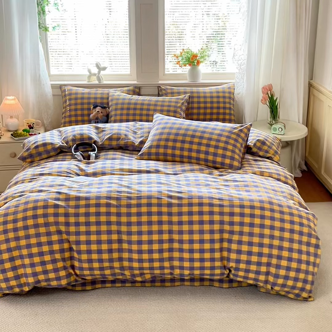 91家纺网 家纺一手货源 找家纺 鑫田家纺 2026新款全棉水洗棉四件套纯棉格子学生宿舍床单三件套床笠套件 紫黄格