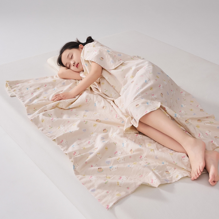 91家纺网 家纺一手货源 找家纺 暖阳 2026新款儿童双层纱布睡袋盖毯 睡袋-粉色喵喵