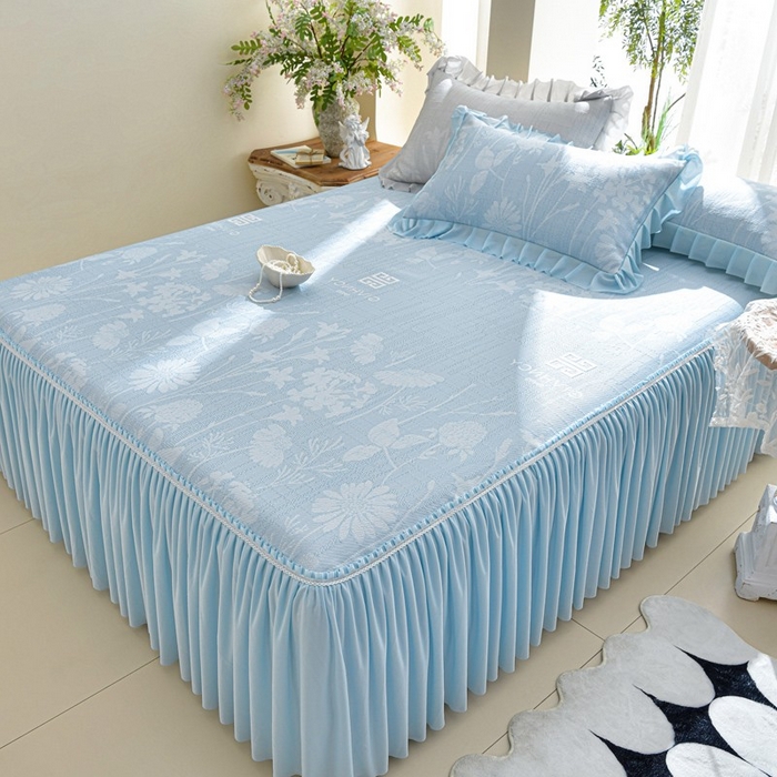 绘萱家居 2026新款PE提花冰凉豆豆床裙款凉席席子凉席 春语佳人-蓝