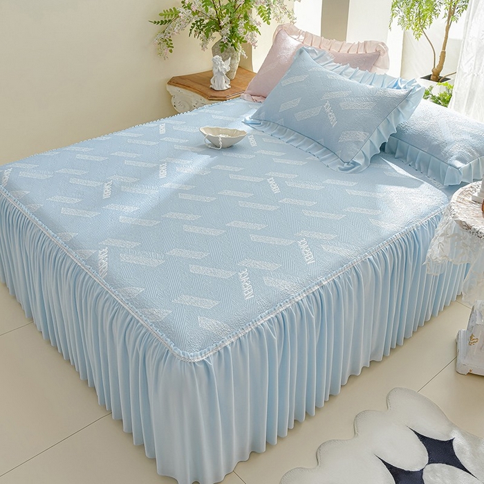 绘萱家居 2026新款PE提花冰凉豆豆床裙款凉席席子凉席 帝塞纳-蓝