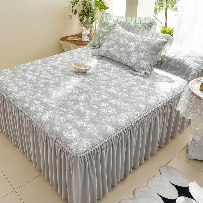 绘萱家居 2026新款PE提花冰凉豆豆床裙款凉席席子凉席 浅雾玫瑰-灰