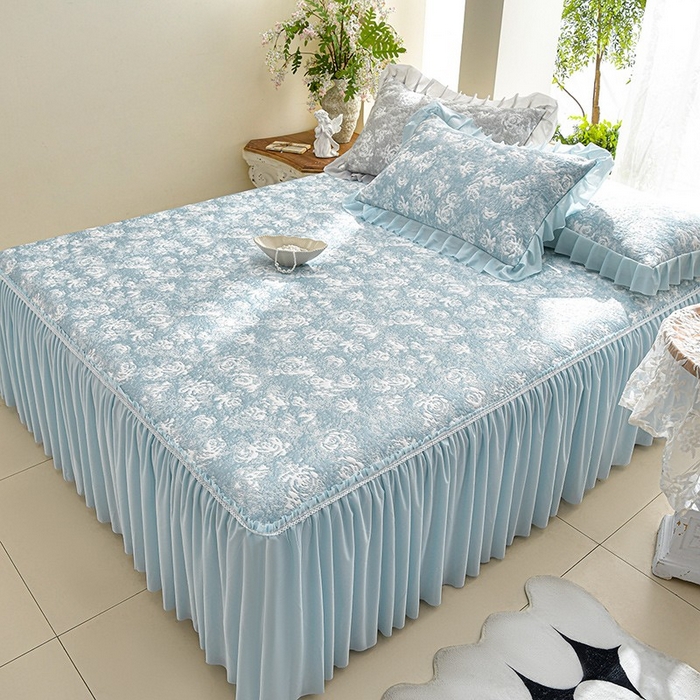 绘萱家居 2026新款PE提花冰凉豆豆床裙款凉席席子凉席 浅雾玫瑰-蓝