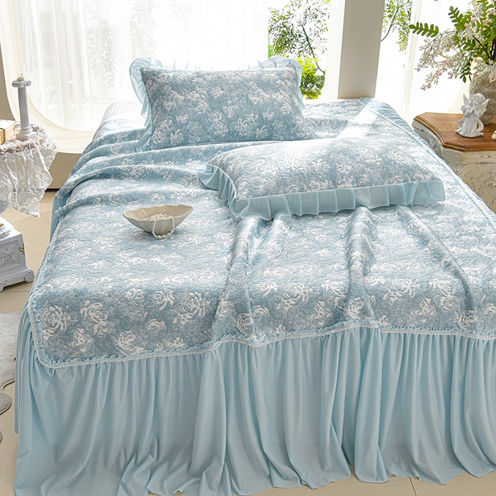 91家纺网 家纺一手货源 找家纺 绘萱家居 2026新款PE提花冰凉豆豆床裙款凉席席子凉席 浅雾玫瑰-蓝