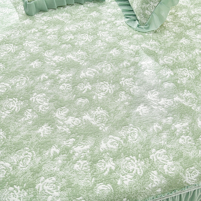 91家纺网 家纺一手货源 找家纺 绘萱家居 2026新款PE提花冰凉豆豆床裙款凉席席子凉席 浅雾玫瑰-绿