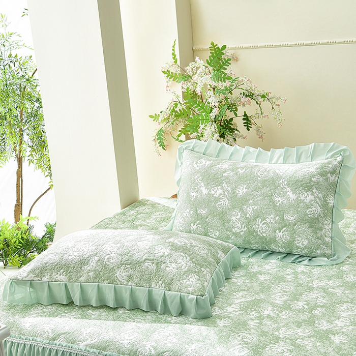 91家纺网 家纺一手货源 找家纺 绘萱家居 2026新款PE提花冰凉豆豆床裙款凉席席子凉席 浅雾玫瑰-绿