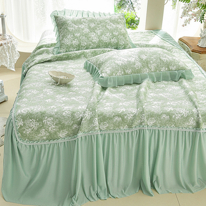 91家纺网 家纺一手货源 找家纺 绘萱家居 2026新款PE提花冰凉豆豆床裙款凉席席子凉席 浅雾玫瑰-绿