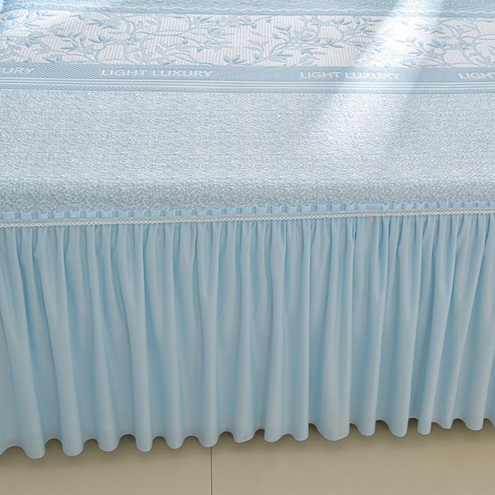 91家纺网 家纺一手货源 找家纺 绘萱家居 2026新款PE提花冰凉豆豆床裙款凉席席子凉席 清风叶蔓-蓝