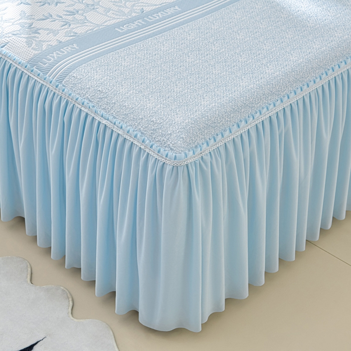 91家纺网 家纺一手货源 找家纺 绘萱家居 2026新款PE提花冰凉豆豆床裙款凉席席子凉席 清风叶蔓-蓝