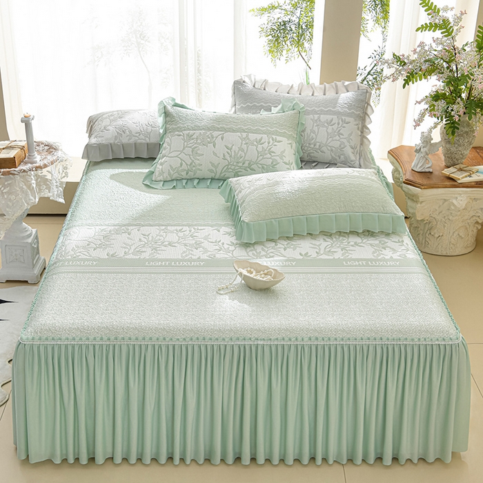 91家纺网 家纺一手货源 找家纺 绘萱家居 2026新款PE提花冰凉豆豆床裙款凉席席子凉席 清风叶蔓-绿