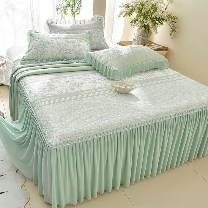 91家纺网 家纺一手货源 找家纺 绘萱家居 2026新款PE提花冰凉豆豆床裙款凉席席子凉席 清风叶蔓-绿