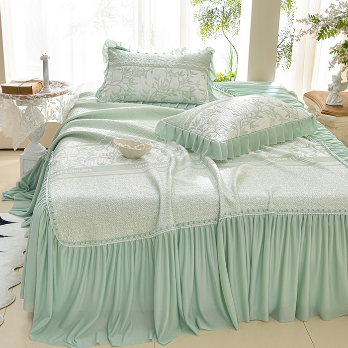 91家纺网 家纺一手货源 找家纺 绘萱家居 2026新款PE提花冰凉豆豆床裙款凉席席子凉席 清风叶蔓-绿