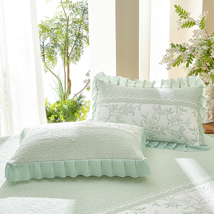 91家纺网 家纺一手货源 找家纺 绘萱家居 2026新款PE提花冰凉豆豆床裙款凉席席子凉席 清风叶蔓-绿