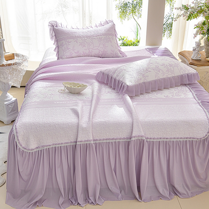 91家纺网 家纺一手货源 找家纺 绘萱家居 2026新款PE提花冰凉豆豆床裙款凉席席子凉席 清风叶蔓-紫