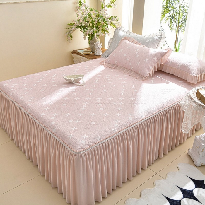 绘萱家居 2026新款PE提花冰凉豆豆床裙款凉席席子凉席 星愿-粉