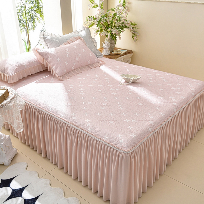 91家纺网 家纺一手货源 找家纺 绘萱家居 2026新款PE提花冰凉豆豆床裙款凉席席子凉席 星愿-粉