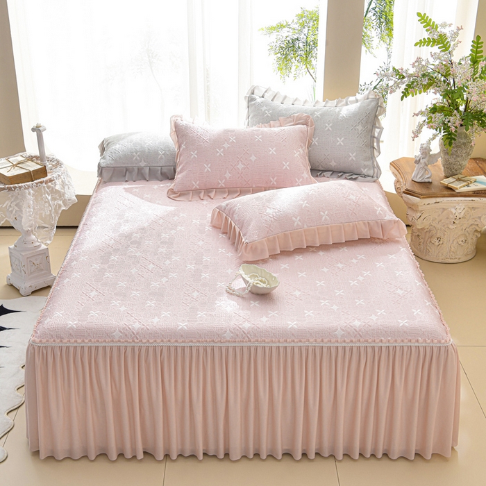 91家纺网 家纺一手货源 找家纺 绘萱家居 2026新款PE提花冰凉豆豆床裙款凉席席子凉席 星愿-粉