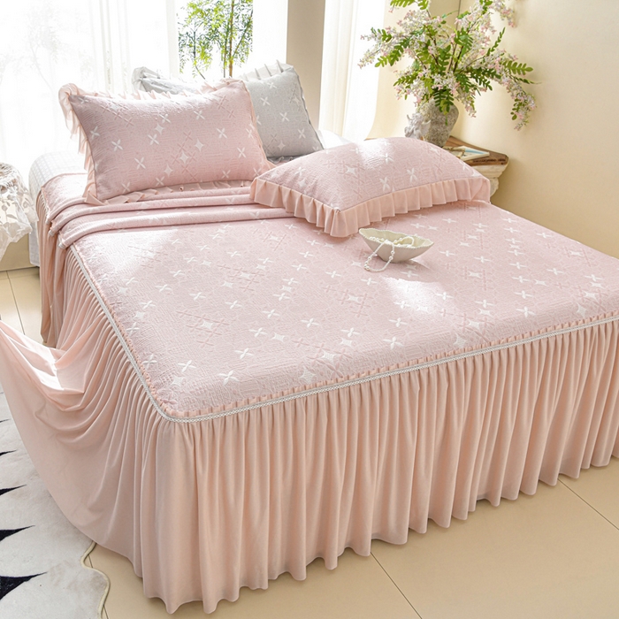 91家纺网 家纺一手货源 找家纺 绘萱家居 2026新款PE提花冰凉豆豆床裙款凉席席子凉席 星愿-粉