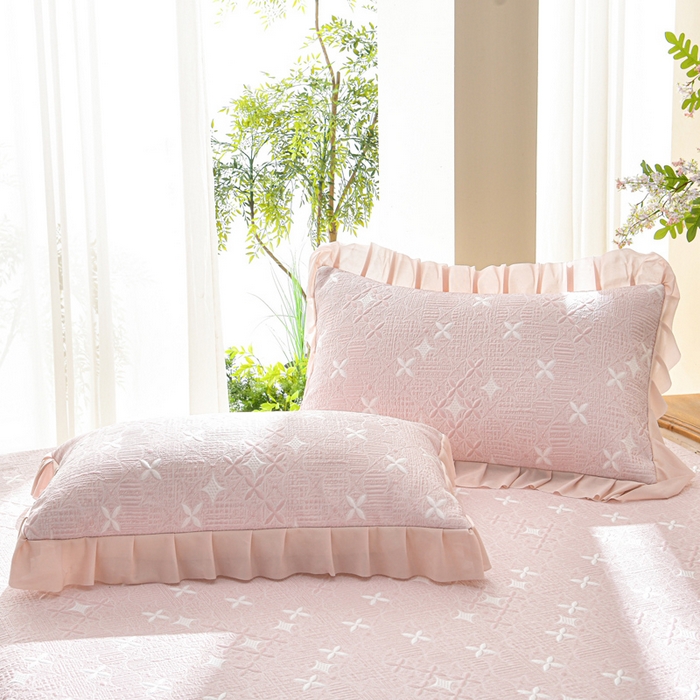 91家纺网 家纺一手货源 找家纺 绘萱家居 2026新款PE提花冰凉豆豆床裙款凉席席子凉席 星愿-粉