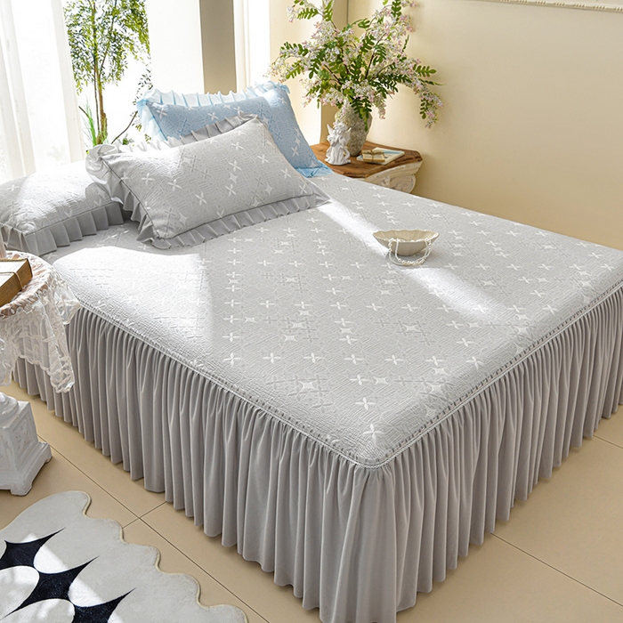 91家纺网 家纺一手货源 找家纺 绘萱家居 2026新款PE提花冰凉豆豆床裙款凉席席子凉席 星愿-灰