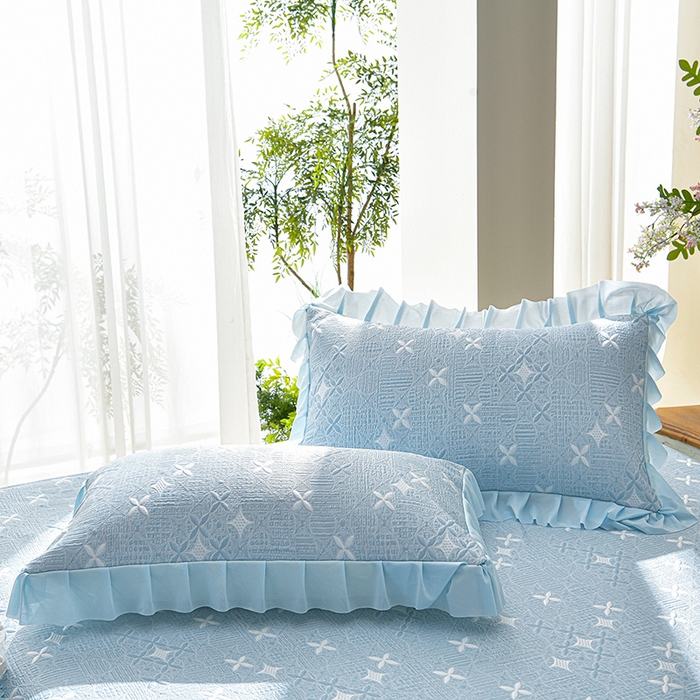 91家纺网 家纺一手货源 找家纺 绘萱家居 2026新款PE提花冰凉豆豆床裙款凉席席子凉席 星愿-蓝