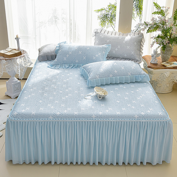 91家纺网 家纺一手货源 找家纺 绘萱家居 2026新款PE提花冰凉豆豆床裙款凉席席子凉席 星愿-蓝