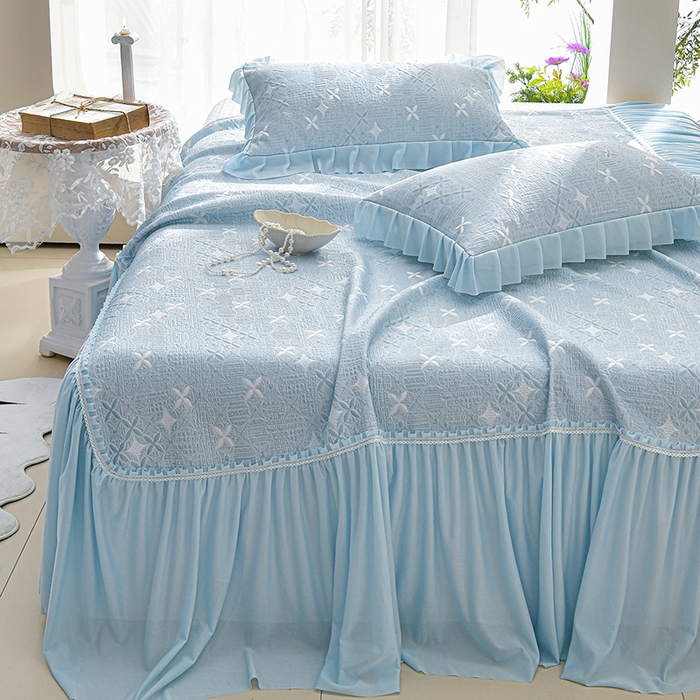 91家纺网 家纺一手货源 找家纺 绘萱家居 2026新款PE提花冰凉豆豆床裙款凉席席子凉席 星愿-蓝