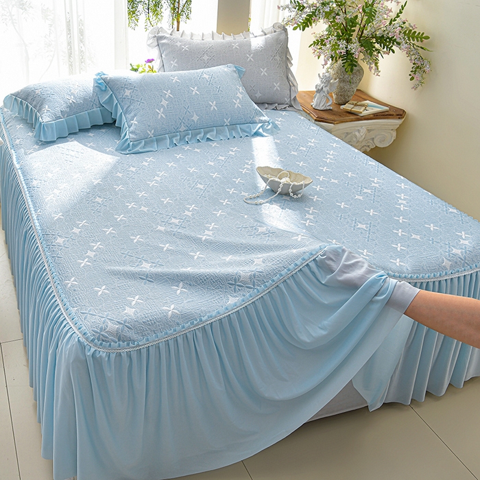 91家纺网 家纺一手货源 找家纺 绘萱家居 2026新款PE提花冰凉豆豆床裙款凉席席子凉席 星愿-蓝