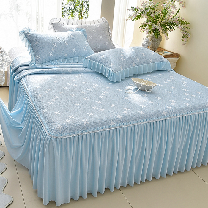 91家纺网 家纺一手货源 找家纺 绘萱家居 2026新款PE提花冰凉豆豆床裙款凉席席子凉席 星愿-蓝