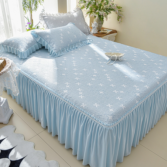 91家纺网 家纺一手货源 找家纺 绘萱家居 2026新款PE提花冰凉豆豆床裙款凉席席子凉席 星愿-蓝