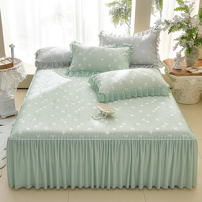 91家纺网 家纺一手货源 找家纺 绘萱家居 2026新款PE提花冰凉豆豆床裙款凉席席子凉席 星愿-绿